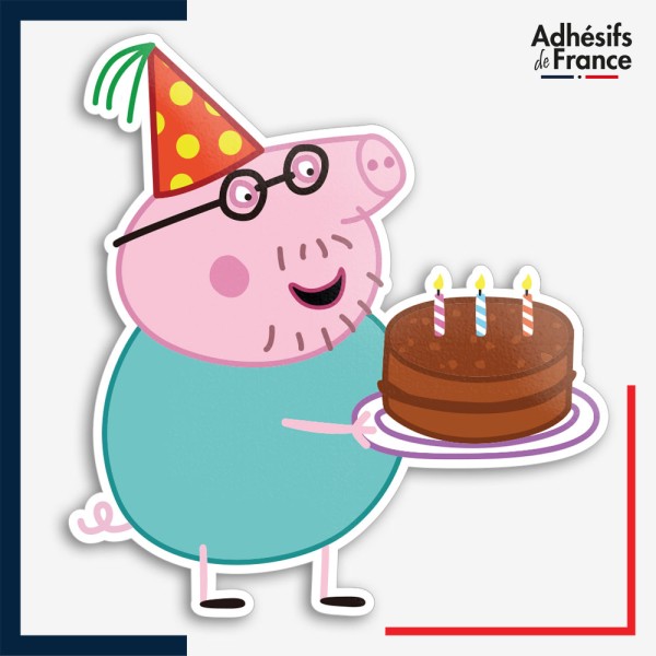 Sticker Peppa Pig - Papa Pig avec gâteau d'anniversaire