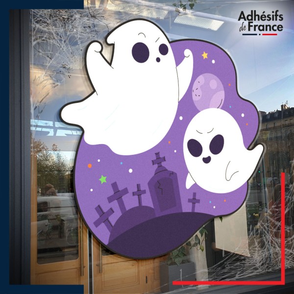 Sticker sur vitre Halloween Fantômes rigolos dans un cimetière