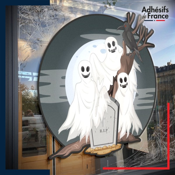 Sticker sur vitre Halloween Fantômes autour d'une tombe